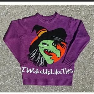 Y2K Witchy Halloween Horror Print Knitted Crew Neck Sweater Small Purple